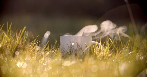 A cup of hot steaming drink in the grass. Self-isolation in countryside. Stock Footage 128325353