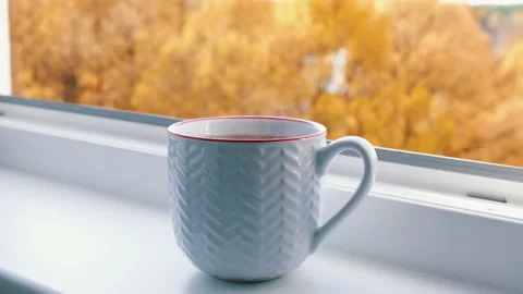 A cup of hot tea on the background of a cold golden autumn Stock Footage 142607093