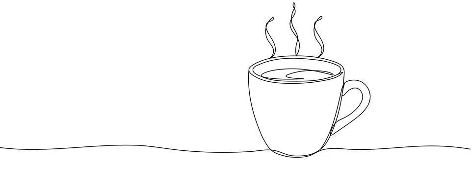 A cup of hot tea or coffee continuous line art. Hot drink with steam. Vector  Stock Illustration