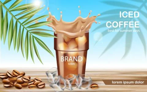 A cup with iced coffee surrounded by ice cubes and roasted beans. Best for su Stock Illustration