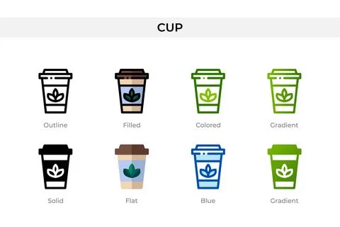 Cup icon in different style. Cup vector icons designed in outline, solid, c.. Stock Illustration