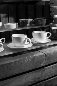 A cup kitchen black and white retro kitchen tools Stock Photos
