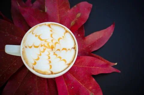 A cup of latte art and maple leafs on black background Stock Photos