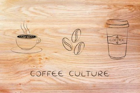 Cup with latte art, coffe beans &amp; tumbler icons Stock Illustration