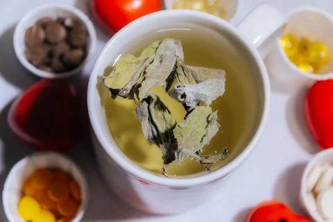 A cup of light peppermint herbal tea with dried leaves. Stock Photos