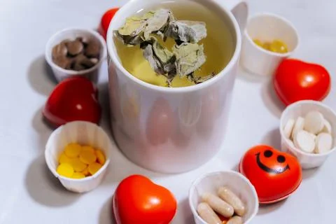 A cup of light peppermint herbal tea with dried leaves. Stock Photos