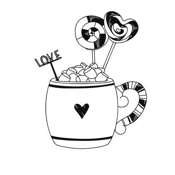 A cup with marshmallow, candy on a stick and the word LOVE. Vector Stock Illustration
