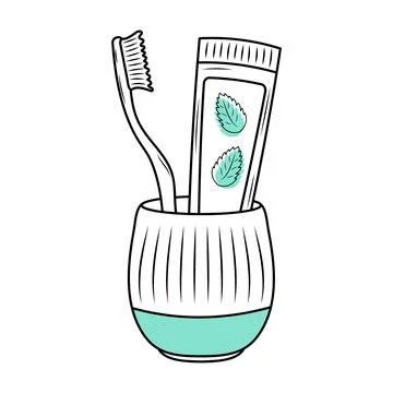 Cup with mint toothpaste and toothbrush. Linear doodle illustration with bl.. Stock Illustration