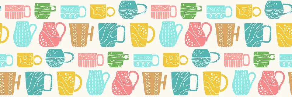 Cup mug doodle seamless pattern wallpaper tableware endless ornament beverages Stock Illustration