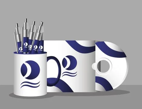 Cup mug with pens and compact disk branding Illustrazione stock