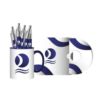 Cup mug with pens and compact disk branding Illustrazione stock