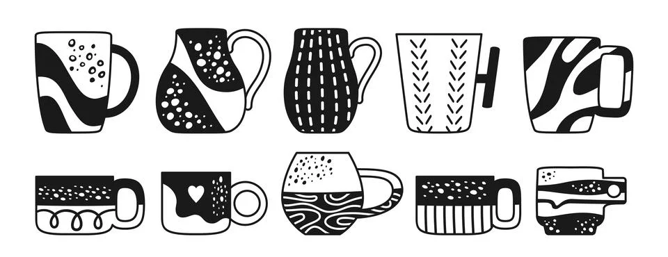 Cup mug textured pattern shapes engraving set crafted doodle beverages stripes Illustrazione stock