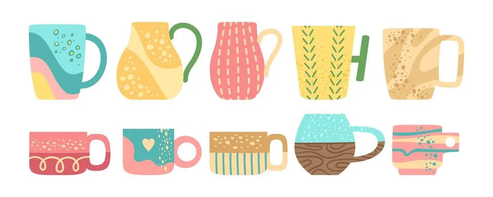 Cup mug trendy pattern shapes set crafted ceramic tableware scandinavian stripes Stockillustratie