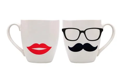 Cup with mustache and lips isolated on white background Fotos de archivo