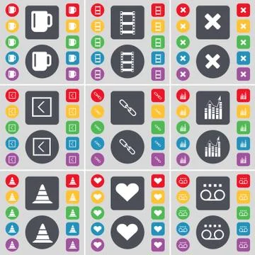 Cup, Negative films, Stop, Arrow left, Link, Graph, Cone, Heart, Cassette icon s Stock Illustration
