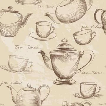 Cup, pot, kettle seamless pattern. Tea time hot drinks background Stock Illustration