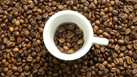 Cup On the Rotation Background of Fried Coffee Greens. Stock Footage 94698803
