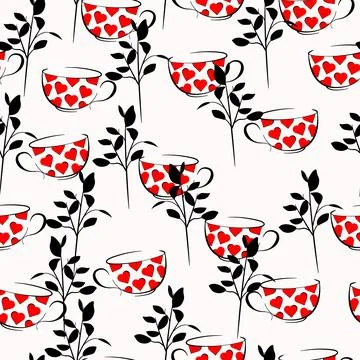 Cup seamless pattern. Mugs with heart print and twigs with leaves. Stock Illustration