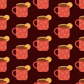 Cup seamless pattern. red mug with tea and lemon. christmas pattern Stock Illustration