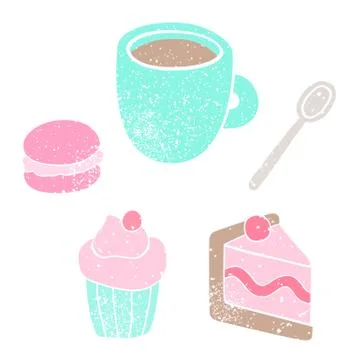 Cup, spoon, cake, macaroon, cupcake. Stock Illustration