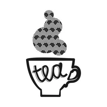 A cup of steaming tea isolated on white background. Black and white illustration Illustrazione stock