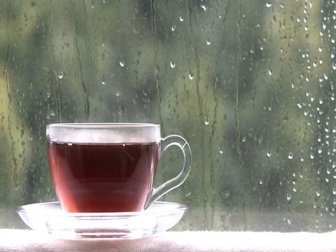 Cup with steaming tea or coffee is in front of the window. Stock Footage 76579286
