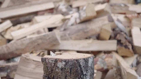 A cup of steaming tea rests against a stack of firewood in a rural setting. The Stock Footage 315058025