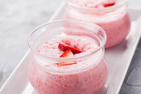 Cup Of Strawberry Mousse Close Up Stock Photos