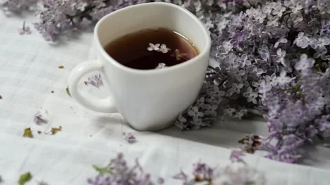 Cup of tea and branches of blooming lilacs on a white background. a cup of tea Stock-Footage 148647956