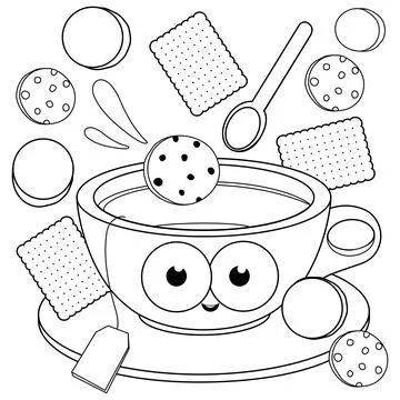 Cup of Tea and cookies. Vector black and white coloring page. Stock Illustration