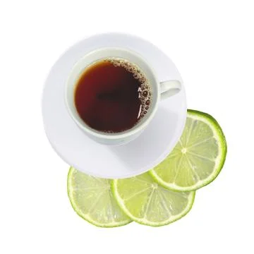 Cup of tea and fresh lime (lemon) slices isolated on white Stock Photos