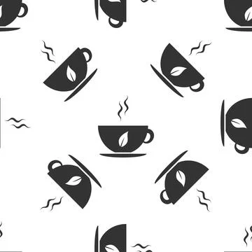 Cup of tea and leaf icon isolated seamless pattern on white background. Flat Stock Illustration