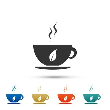 Cup of tea and leaf icon isolated on white background. Set elements in color Stock Illustration
