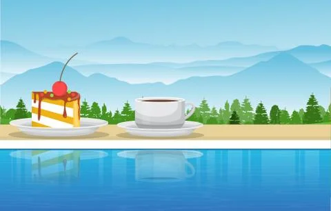 A Cup of Tea and Snack by Pool in Mountain Nature View Illustration イラスト素材