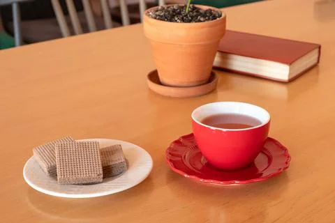 Cup of tea and wafer biscuits on a wooden table beside a potted plant and b.. Stock Photos