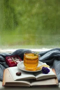 A cup of tea on the background of a window on a rainy autumn day. Stock Photos