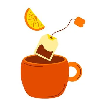 Cup with tea bag, lemon slice. Black tea brewing in cup. Citrus slice, hot drink Stock Illustration