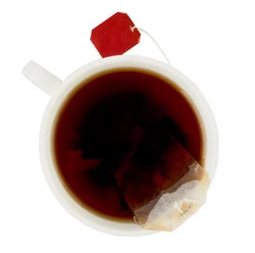 Cup of tea with a bag on a white. The form of the top. Stock Photos