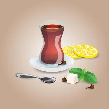 Cup of tea. Black, mint, lemon tea, tea spoon. Iillustration for cafe, menu, Stock Illustration