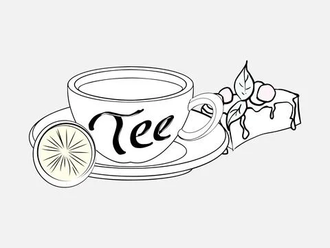 A cup of tea with cake and lemon. Stock Illustration
