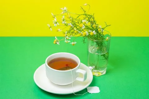 A cup of tea on a colored background, next to a small bouquet of field daisies.  Stock Photos