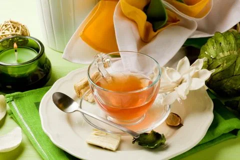 Cup of tea on decorated table Stock Photos