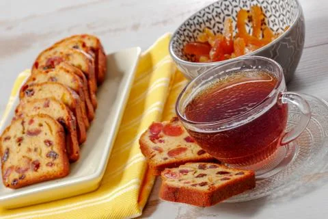 Cup of tea with dried fruit cake Stock Photos