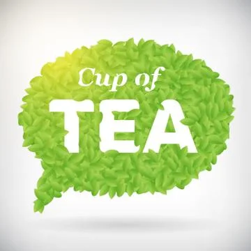 Cup of tea green leaf speech bubble vector poster, isolated from background. イラスト素材