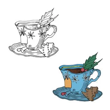 Cup of tea, herringbone cookie, holly vector illustration in color and outlin 스톡 일러스트