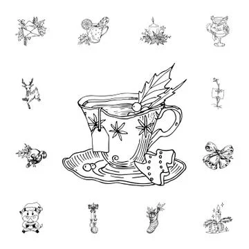 Cup of tea, herringbone cookie, holly vector illustration in color and outlin Illustrazione stock