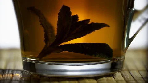 The cup of tea with leaves of mint turns around. Close up Stockbeeldmateriaal 73278031