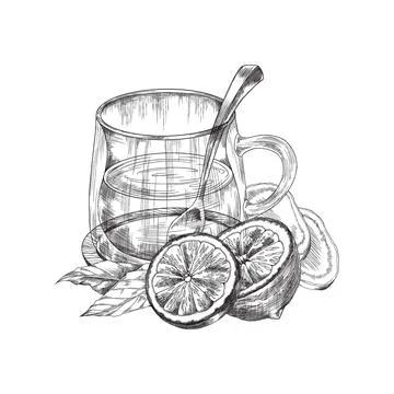 Cup of tea with lemon and ginger engraving vector illustration isolated. Ilustración de archivo
