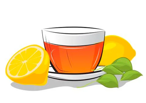 Cup of tea with lemon and mint leafs Stock Illustration