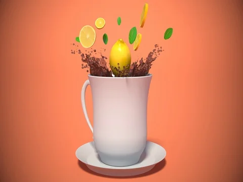 Cup of tea with lemon and splash. 3d illustration Stock Footage 71750950